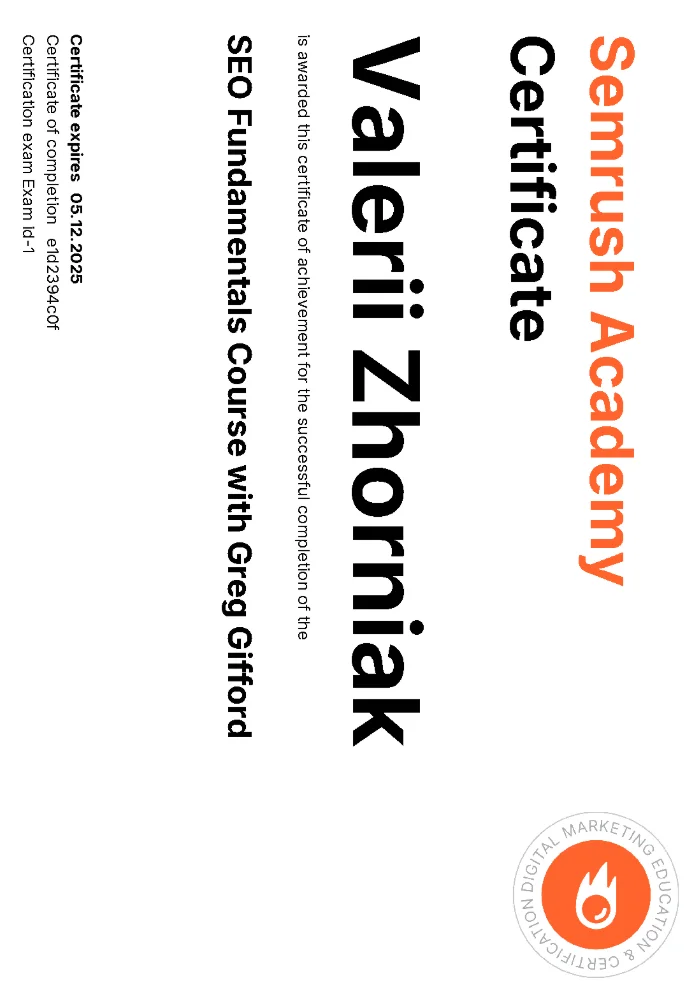 Certificate SEMrush SEO